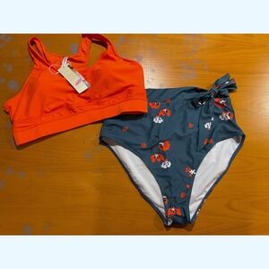 NEW DOKOTOO Orange Blue Floral Bikini Tie Side Swimsuit High‎ Waisted XL